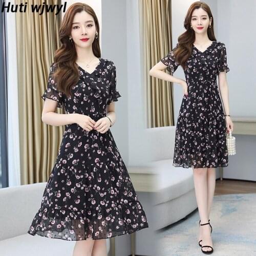 4XL Plus Size Summer Floral Chiffon Midi Dress 2021 New Korean Sweet Women Party Vintage Vestido Casual Sexy Boho Beach Sundress