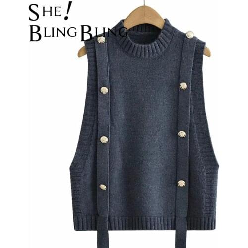 SheBlingBling Za Woman 2021 Gilets Traf Vest Autumn Winter Sleeveless Jersey Knit Sweater Rib Trims Button Strap Patchwork Tanks