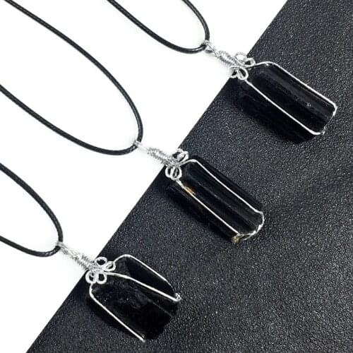 1pc Natural Quartz Crystal Stone Necklace Women Men Black Raw Rocks Tourmaline Pendant Handwoven Chakra Healing Craft Jet Stone