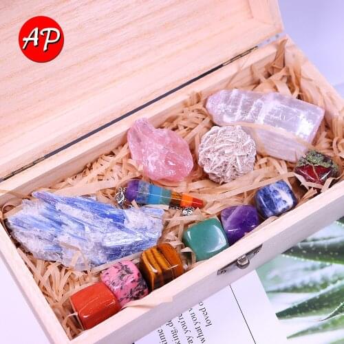 12 Pcs/Set Natural Quartz Chakras Fossiles Block Gravel Gift Wooden box Crystal Pendulum Divination Meditation Gemstone