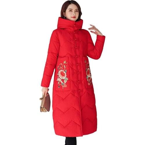 2019 Chinese style Winter parkas Women Thicken Cmbroidery Jacket Long coats Female Hooded Cotton-padded Jacket Plus size G582