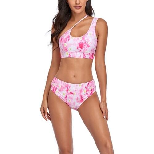 2021 High Waist Womens Bikini Suit Sexy Tie-dye One Shoulder Split Swimwear Push Up Padded Ladies Swimsuit Summer Beachwear