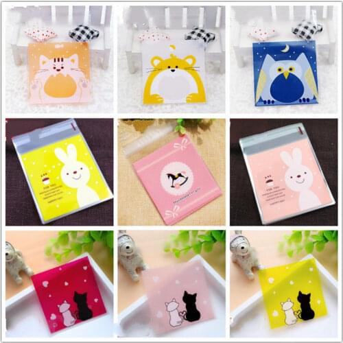 50/100pcs Small Cute Cartoon Animals Candy Bags Self-Adhesive Plastic Bag for Wedding Birthday Party Biscuits Baking Packing Bag