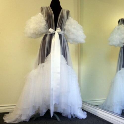 White Bridal Tulle Robes Nightgowns Ruffled Belt Fluffy Maternity Dress Short Sleeve Women Dressing Gown Wedding Bathrobe