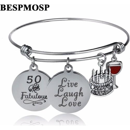 Bespmosp Distinctive 50 And Fabulous Enamel Goblet Bangle Live Laugh Love Happy Birthday Cake Bracelet Stainless Steel Wristband
