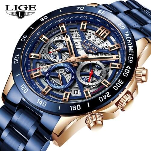 LIGE Men Watches Top Brand Luxury Stainless Steel Blue Hollow Waterproof Quartz Watch Men Fashion Chronograph Men Sport Watches