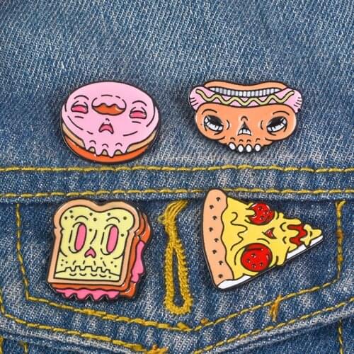 Children Jewelry Skeleton Food Pins Hot dog Pizza Donut Toast and Skull Brooches Funny Badges Lapel pins Backpins