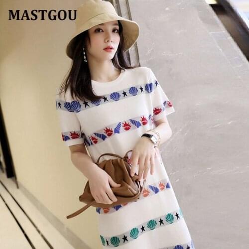 MASTGOU Luxury Comic Patern Long Knit Straight Dress Japan Style Summer Knee Length Casual Dresses Elegant Holiday Beach Dress