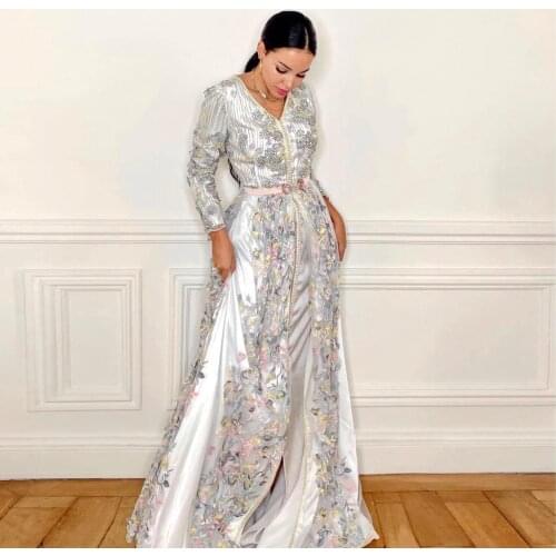 White Elegant Split Moroccan Caftan Evening Dress V-Neck Floor Length Applique Flowers Special Occasion Party Dress Summer Dress
