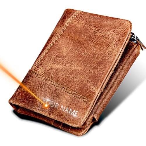 New Name Engraving Short Men Wallets Fashion Genuine Cow Leather Male Zipper Purses Coin ID Card Holder Pocket Wallets For Men