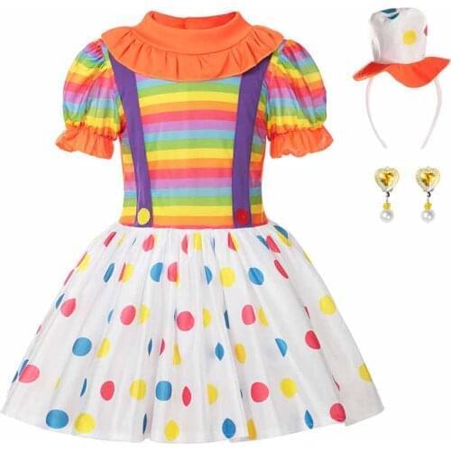 2021 Summer Polka Dot Dress for Girls with Top Hat and Earrings Rainbow Striped Frock Raffled Neck Short Short Sleeve Party Gown
