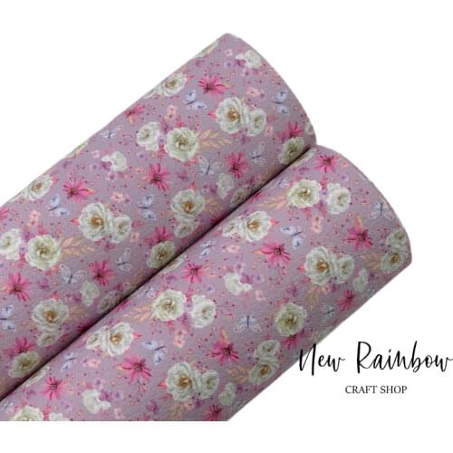 New Rainbow 22X30cm A4 Spring Pink White Florals Lichit Faux Leatherette Sheet For Making Bows, Earrings, Accessories