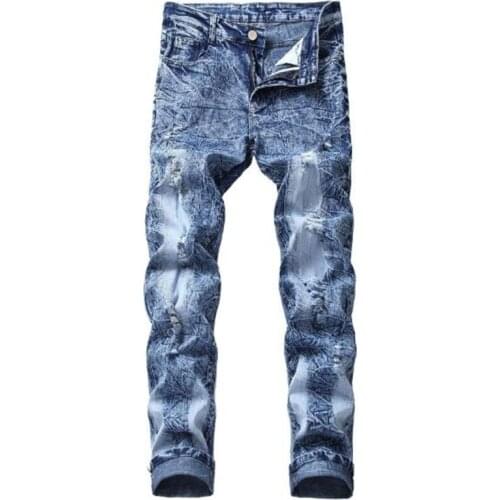European American Style jeans Men slim jeans pants mens blue denim trousers zipper straight Ripped Pants jeans