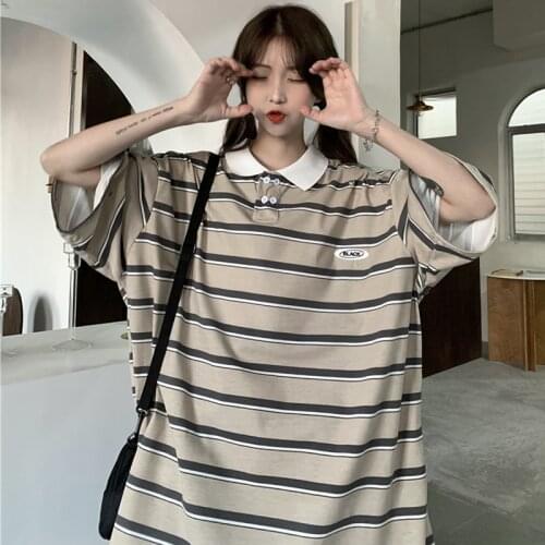 Harajuku Striped Polo Shirt School Short-Sleeved t-shirt Female Casual Oversized Kawaii Striped Patchwork t-Shirt Women y2k Top