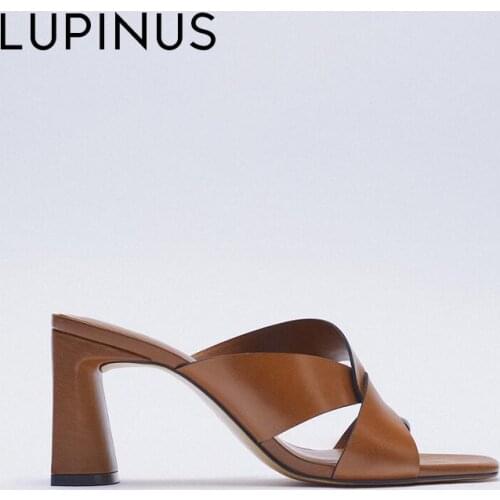 LUPINUS 2021 New Summer Brown Women Sandals Fashion Square Toe Elegant Open Toe Women High Heels Weave Design Women Pumps