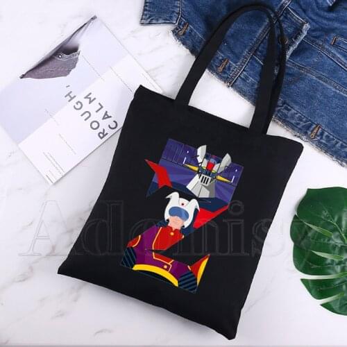 Goldorak Shopping Bag Print Original Design White Unisex Fashion Travel Canvas Bags Black