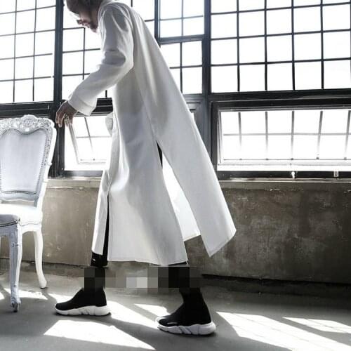 Super long dark long-sleeved mens shirt side slits tide mens shirt hair stylist nightclub hair stylist hip hop loose