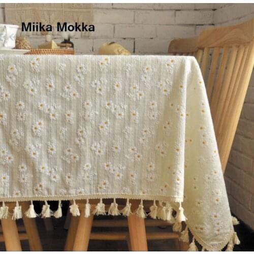 Light Yellow Daisy Flower Pattern Tablecloth Hot Sale Cotton Tassel Edge Rectangular Square Table Cloth Home Hotel Textile