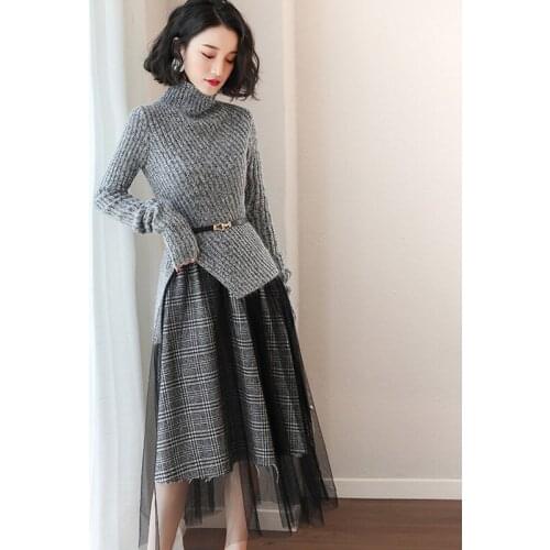 Knitted skirt womens suit new fashion bottoming sweater with skirt two-piece suit autumn and winter knee-length skirt suit