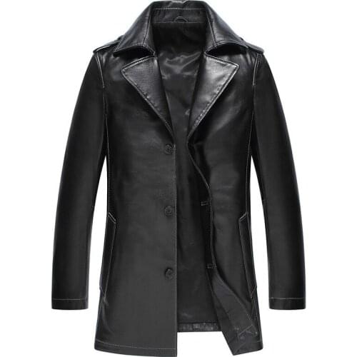 Spring Autumn Genuine Jacket Men Goatskin Long Coat Mens Windbreaker Blazer Leather Jackets Brown KJ1367