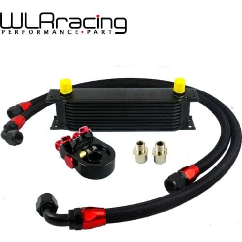 WLR - Universal 10 ROWS OIL COOLER ENGINE + AN10 oil Sandwich Plate Adapte with Thermostat + 2PCS BRAIDED HOSE LINE BLACK