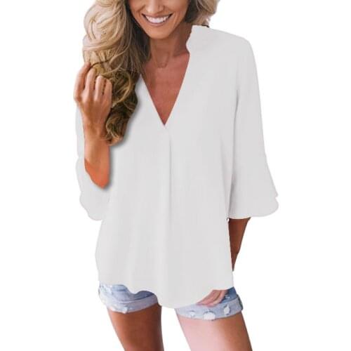 Women Solid Color Flare Sleeve Chiffon V-neck Blouse Pleated 3/4 Sleeves Loose Chiffon Shirt for Women Tops Plus Size S-5XL