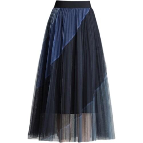 2021 New Arrival Spring Summer Women High Waist Slim Pleated Long Skirt High Quality Fashion Contrast Color Mesh Skirt