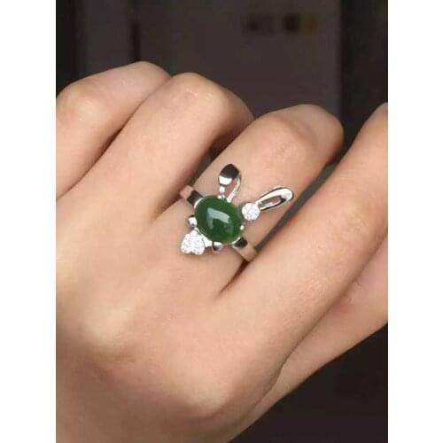 Natural green jasper gem Ring Natural gemstone ring 925 sterling silver trendy elegant Lovely rabbit women girl party Jewelry