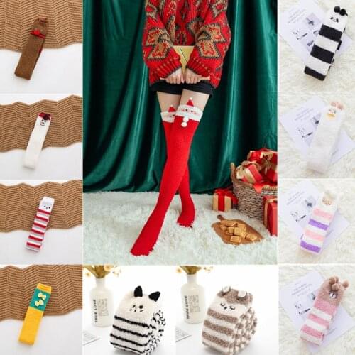 Winter Warm Christmas Long Socks Women Striped Thigh Highs Socks Gilr Cute Cartoon Sheep Cat Socks Velvet Flurry Over Knee Socks