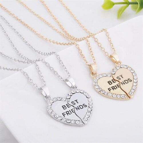 2pcs/Set Splice Heart Pendant Necklaces Best Friends Forever Zircon Crystal Necklace for Women Girls Party Couple Birthday Gifts
