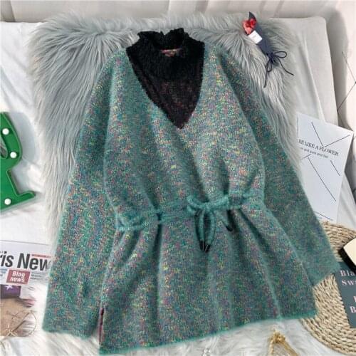 2020 autumn winter new women lace stitching fake two-piece waist drawstring lace sweater female mid-length knitted sweater 39a