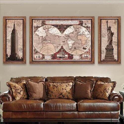 America And Europe Retro Map Building Diamond Painting Living Room Goddess Sofa Background 5D Diamond Embroidery Full Drill
