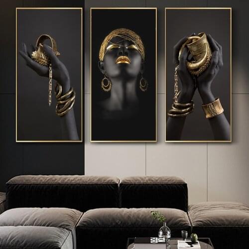 Large Black Woman with Golden jewelry on the Hands Canvas Paintings on the Wall Art Posters And Prints African Woman Art Picture