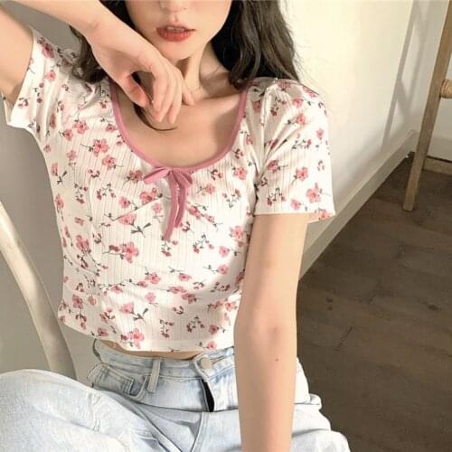 Flower Print T-shirt Womens Ins Trendy Short Slim Design Sense Niche Short-sleeved Top 2021 Summer New