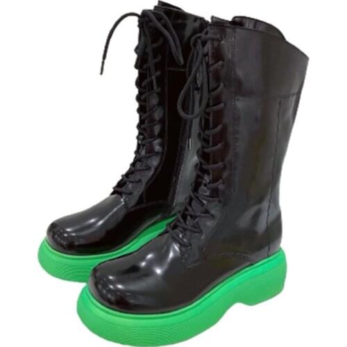 Quality Leather Chelsea Women Boots Ankle Boots Chunky Green Shoes Platform Ankle Boots Slip On Chunky Platform Boot Brand