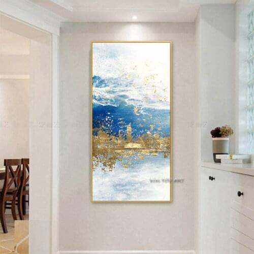 100% Handmade Modern Abstract Gold foil lines Blue Canvas Art Paintings For Living Room Bedroom Posters Wall Poster Home Decor