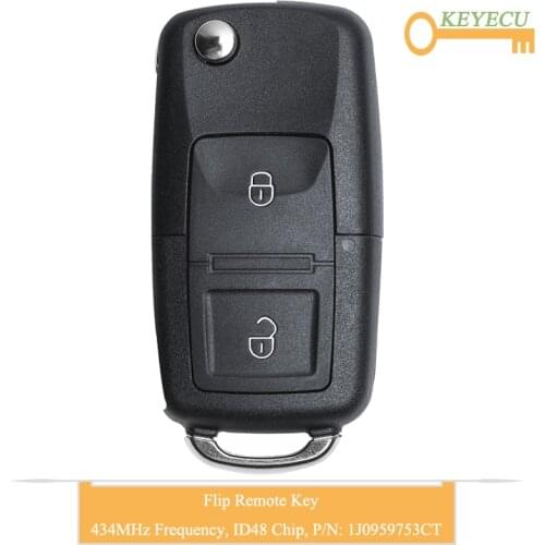 KEYECU Flip Remote Control Car Key for Volkswagen Bora Polo Golf Passat Transporter T5, 2 Btn - 434MHz - ID48 Chip - 1J0959753CT