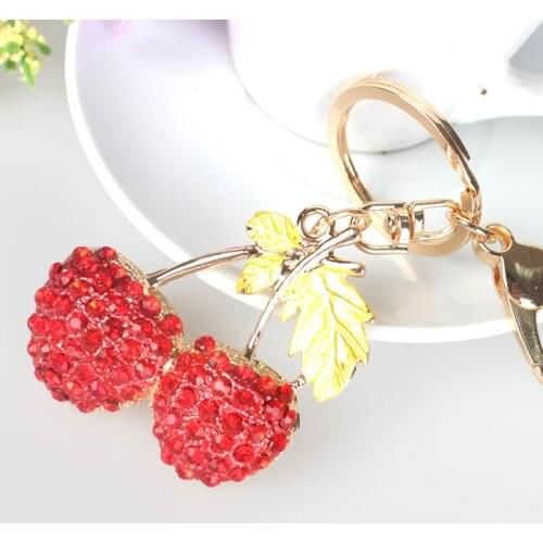 Red Cherry Green Leaves Pendent Rhinestone Crystal key holder Purse Bag Car Key Ring Chain Women Gift Best Surprise