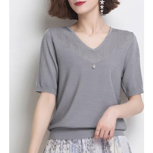 Summer new knit female v-neck short sleeves sweater 2021 loose casual fashion hollow out oversized thin pullover female top
