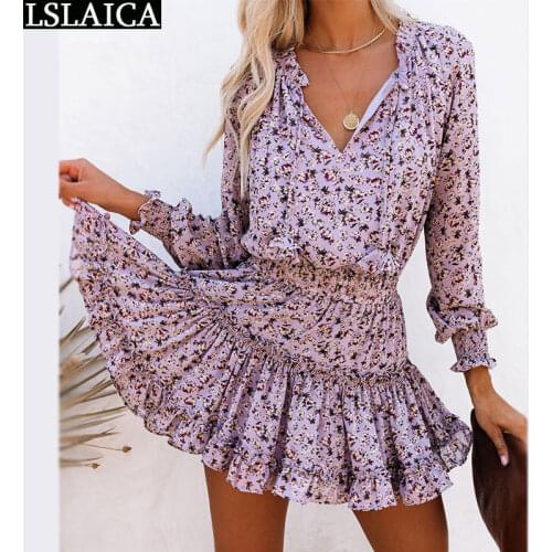 Mini Dress Long Sleeve V Neck Lace Up Print Elastic Waist Ruffles Boho Dress Holiday Beach Fashion Casual Dress for Women