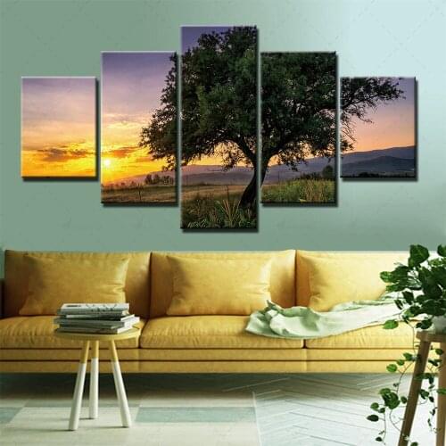 Wall Art Canvas Prints Tree Painting Home Landscape Decor Sunset Pictures Modern Modular Frame Hallway Room 5 Panel Plant Poster