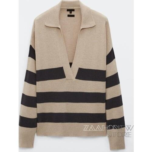 ZAAHONEW 2021 New Autumn Winter Women Vintage Striped Knitted Sweaters Casual V-Neck Long Sleeve Loose Pullovers Female
