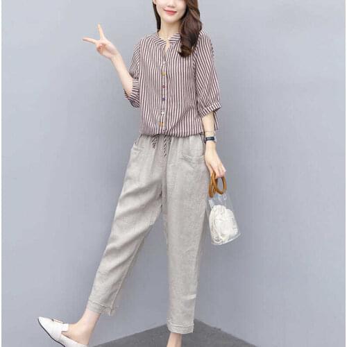 New 2020 Summer Single Causal Suits Fashion Striped Short Sleeve Loose Two Piece Sets Middle Aged Women Outfits Tracksuits W251