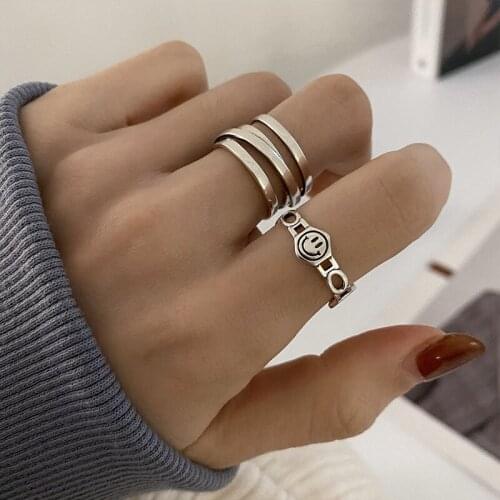 Origin Summer Vintage Multi-layer Metal Smile Face Ring for Women Girls Textured Hollow Out Chain Index Finger Ring Jewelry