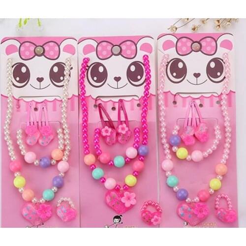 Children Kid Girl Cute Pearl Beaded Necklace Bracelet Hair Clip Ring Set Christmas Birthday Party bag filler Jewelry Gift pink