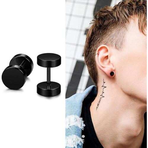 Punk Stainless Steel Barbells Circle Earrings for Unisex Rock Pierced Black Round Cake Stud Earrings Cool Men Women Jewelry Gift