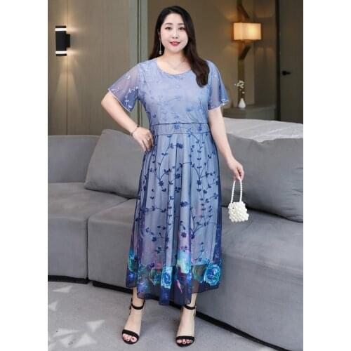 4XL To 8XL Plus Size Dress Summer Floral Embroidery Midi Short Sleeve Long Maxi Dresses for Women Robes T9998