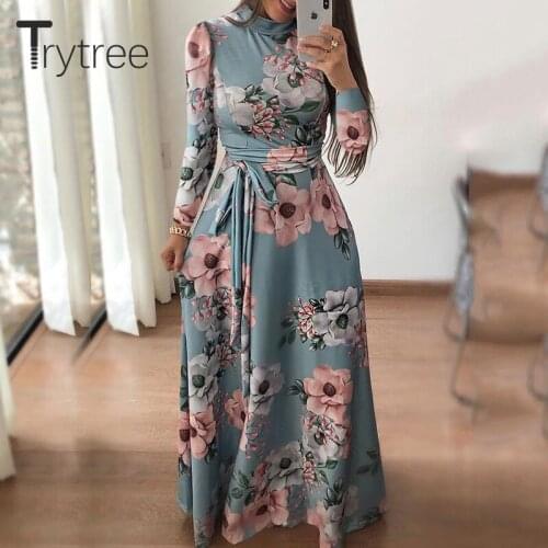 Trytree Autumn Women Dress Casual Print Floral Stand Collar Belt Dresses Polyester A-line Ankle-Length 3 Colors Bohemian Dress
