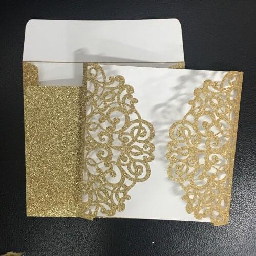 Luxury new arrival glitter gold and silver paper 50pcs fancy lace laser cutting wedding invitations with glitter envelop