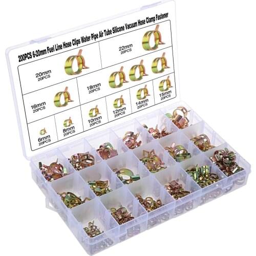 Vacuum Fuel Hose Line Spring Clip Clamps Fasteners, 6-22mm 10-Sizes 200-Pack
